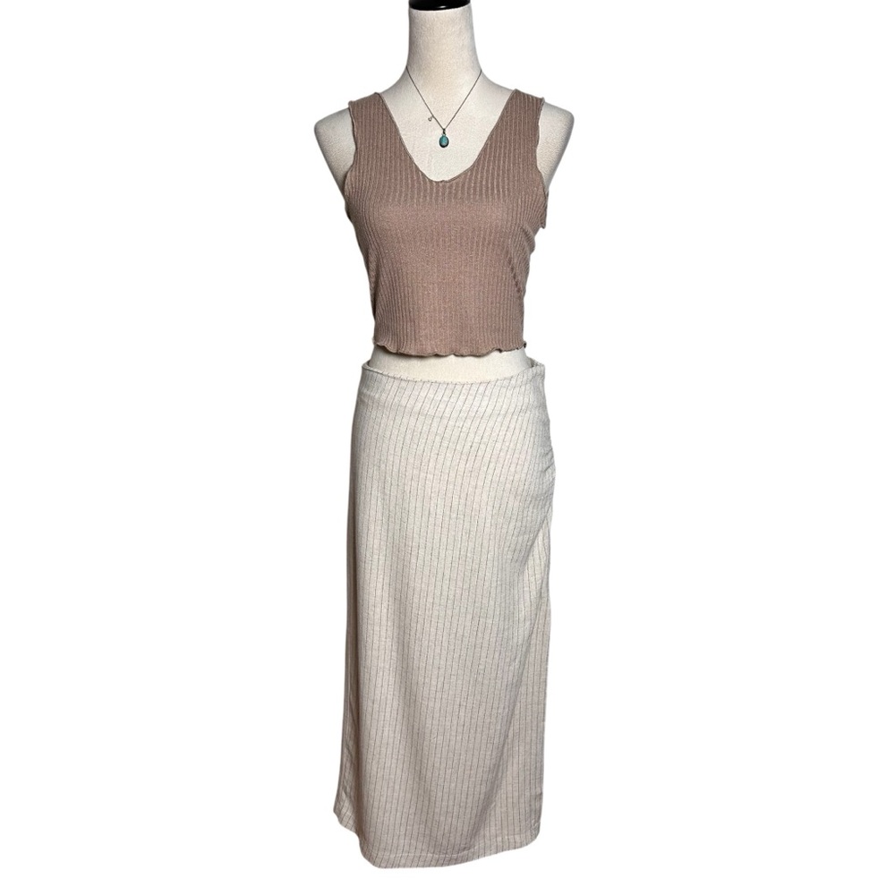 Miou Muse Linen Blend Ruched Midi Skirt M Striped Minimalist Neutral Old Money‎
